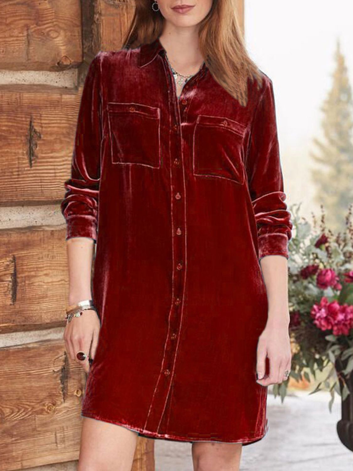 Long Sleeve High-Low Button-Up Knee-Length Opaque Dress with Pockets