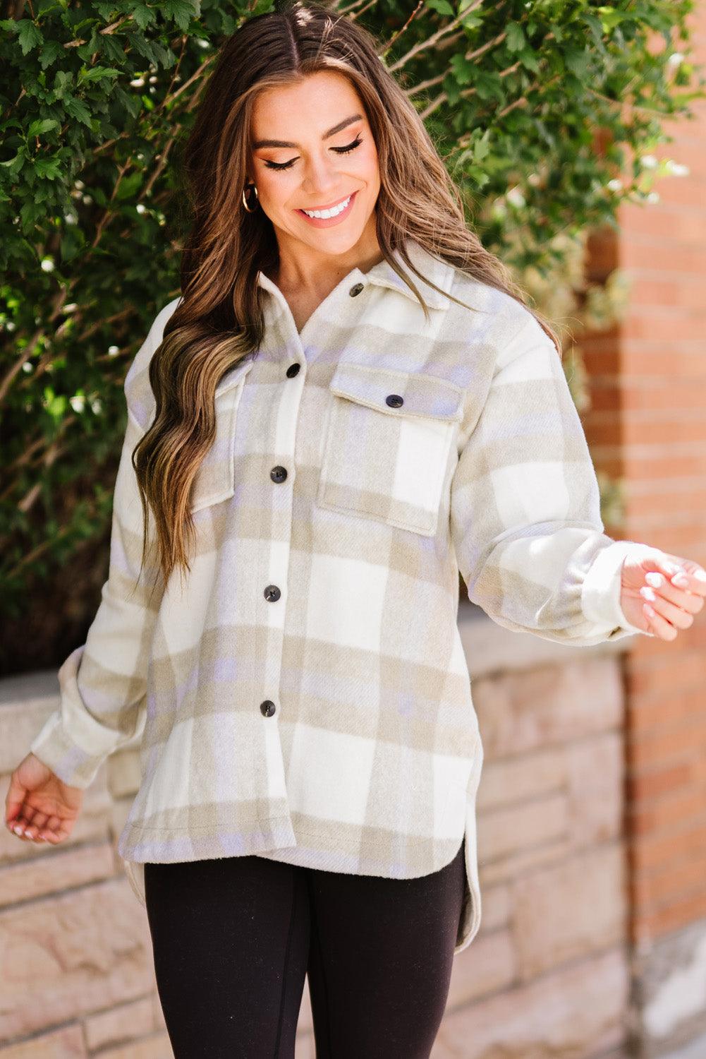 Casual Plaid Dropped Shoulder Pocket Buttoned Shacket for Everyday Wear