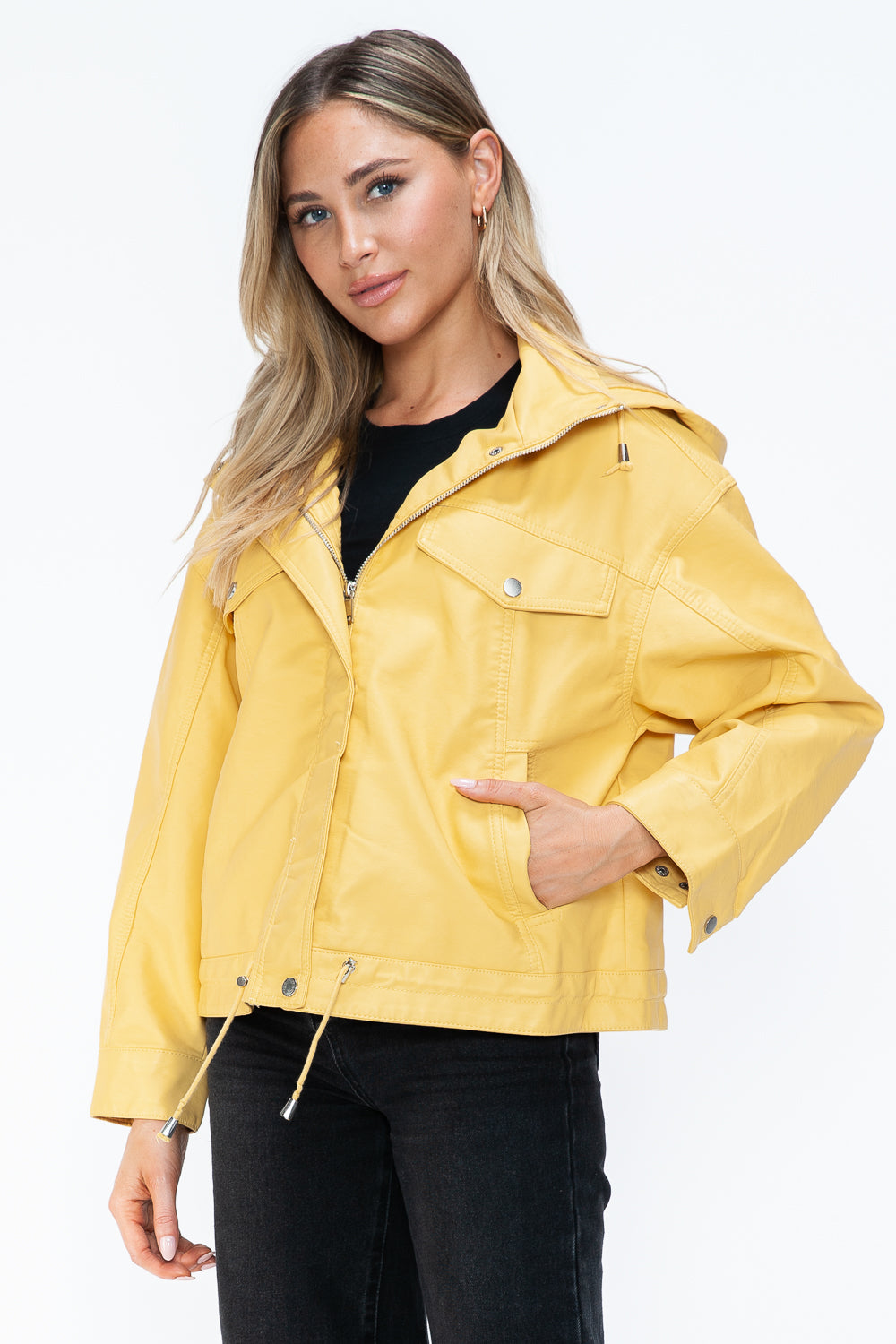 Stylish PU Leather Zip - Up Jacket with Adjustable Drawstring Hem
