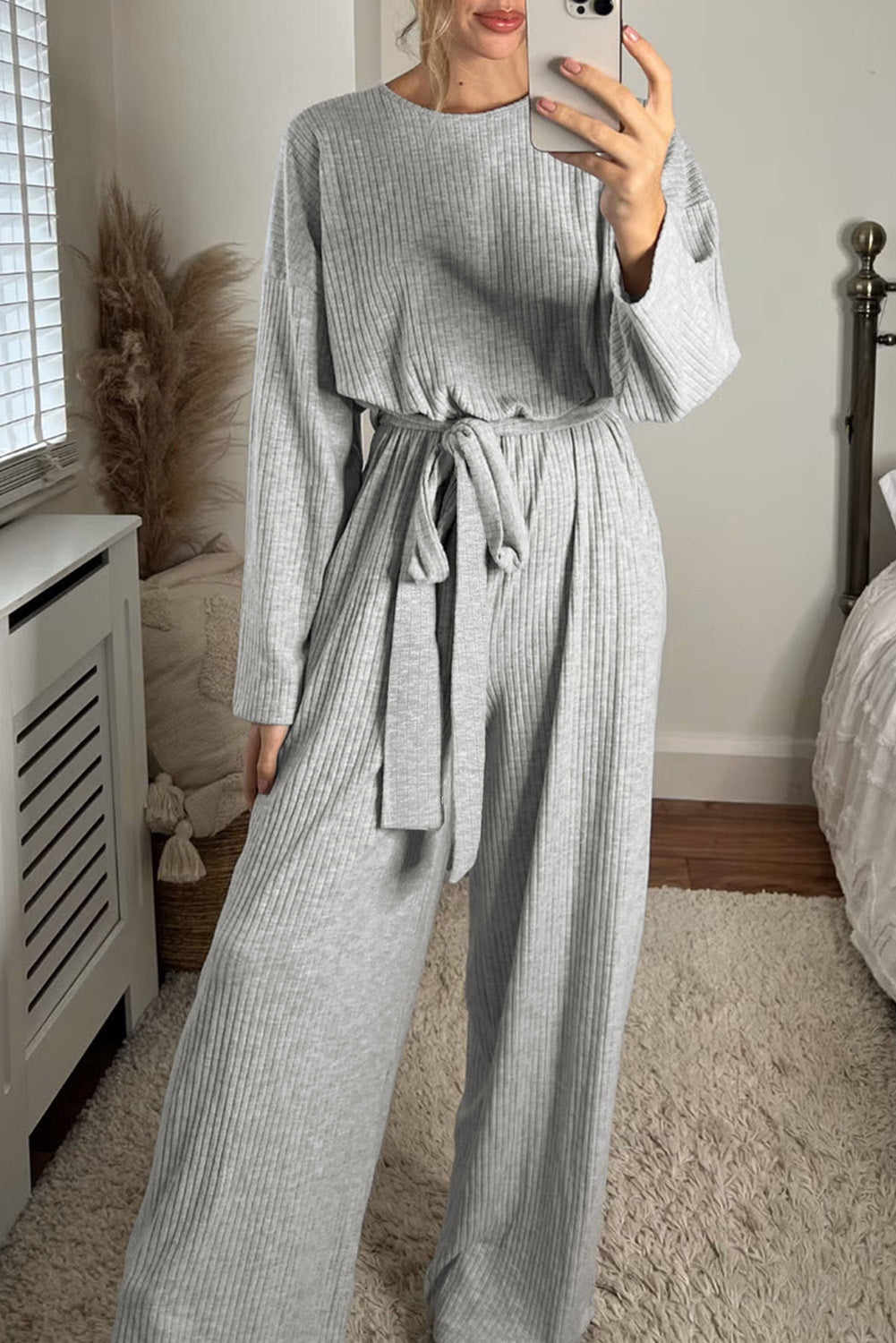 Stylish Long-Sleeved Round Neck Casual Jumpsuit with Tied Design