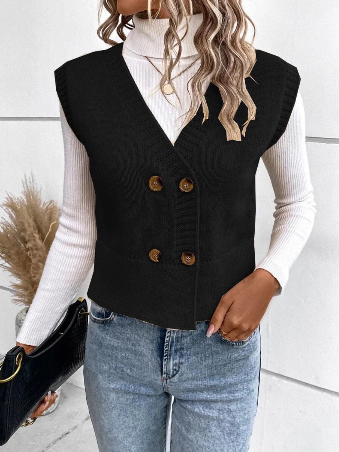 Full-Size V-Neck Button-Up Sweater Vest with Slight Stretch