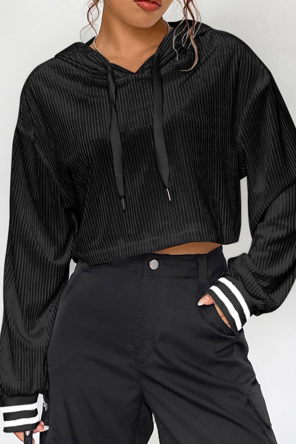 Opaque Drawstring Long Sleeve Drop Shoulder Hoodie