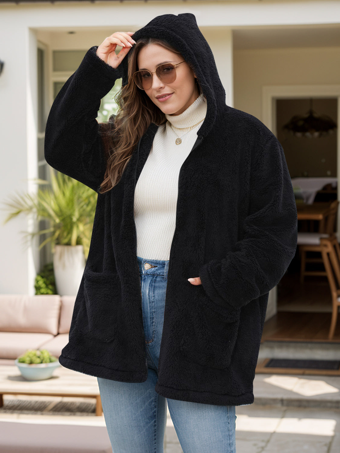 Plus Size Long Sleeve Zip - Up Hooded Polyester Outerwear