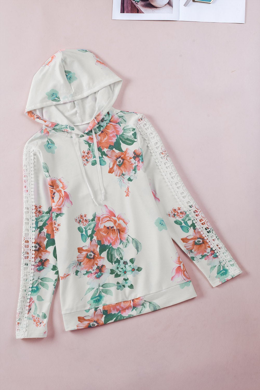 Stylish Floral Lace-Trimmed Drawstring Regular Hoodie for Casual Wear