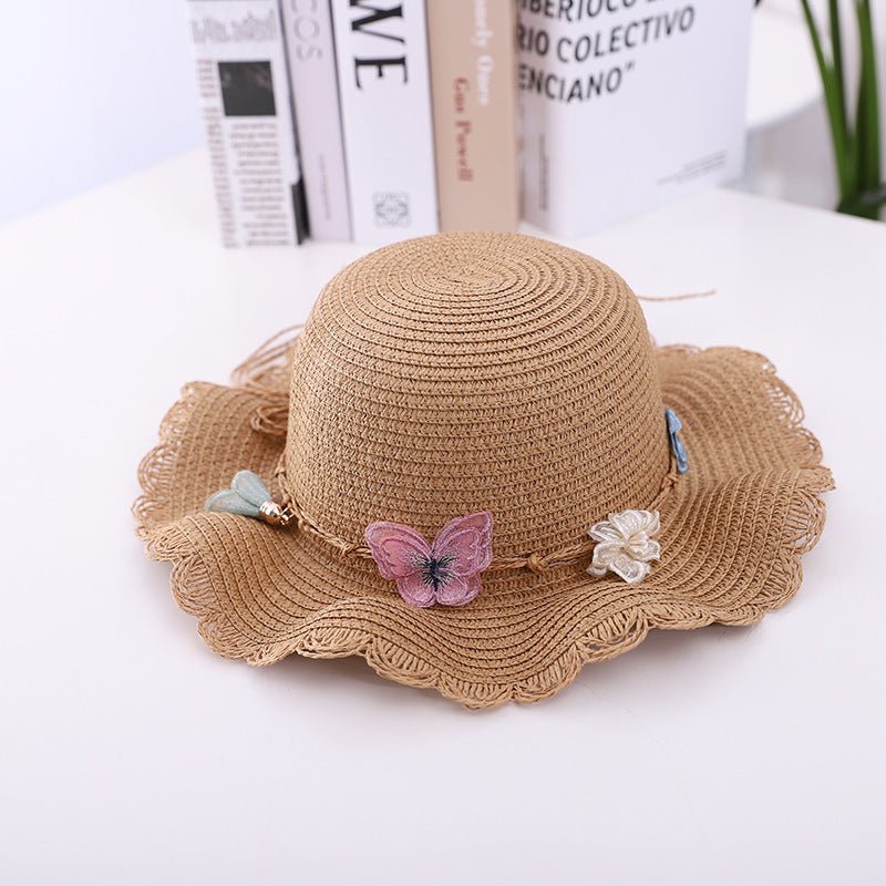 Girls' Summer Straw Hat with Butterfly Pattern and Matching Accessory Bag (Sold Individually)
