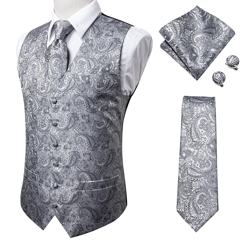 Hi-Tie Men's 4-Piece Luxury Silk Vest, Tie, Handkerchief & Cufflinks Set