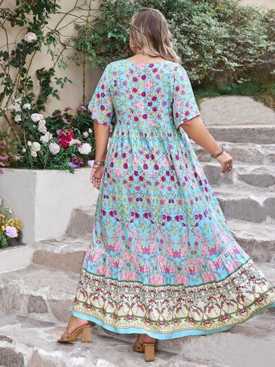 Plus Size Women's Printed Tie Neck and Flutter Sleeve Floor-Length Maxi Dress