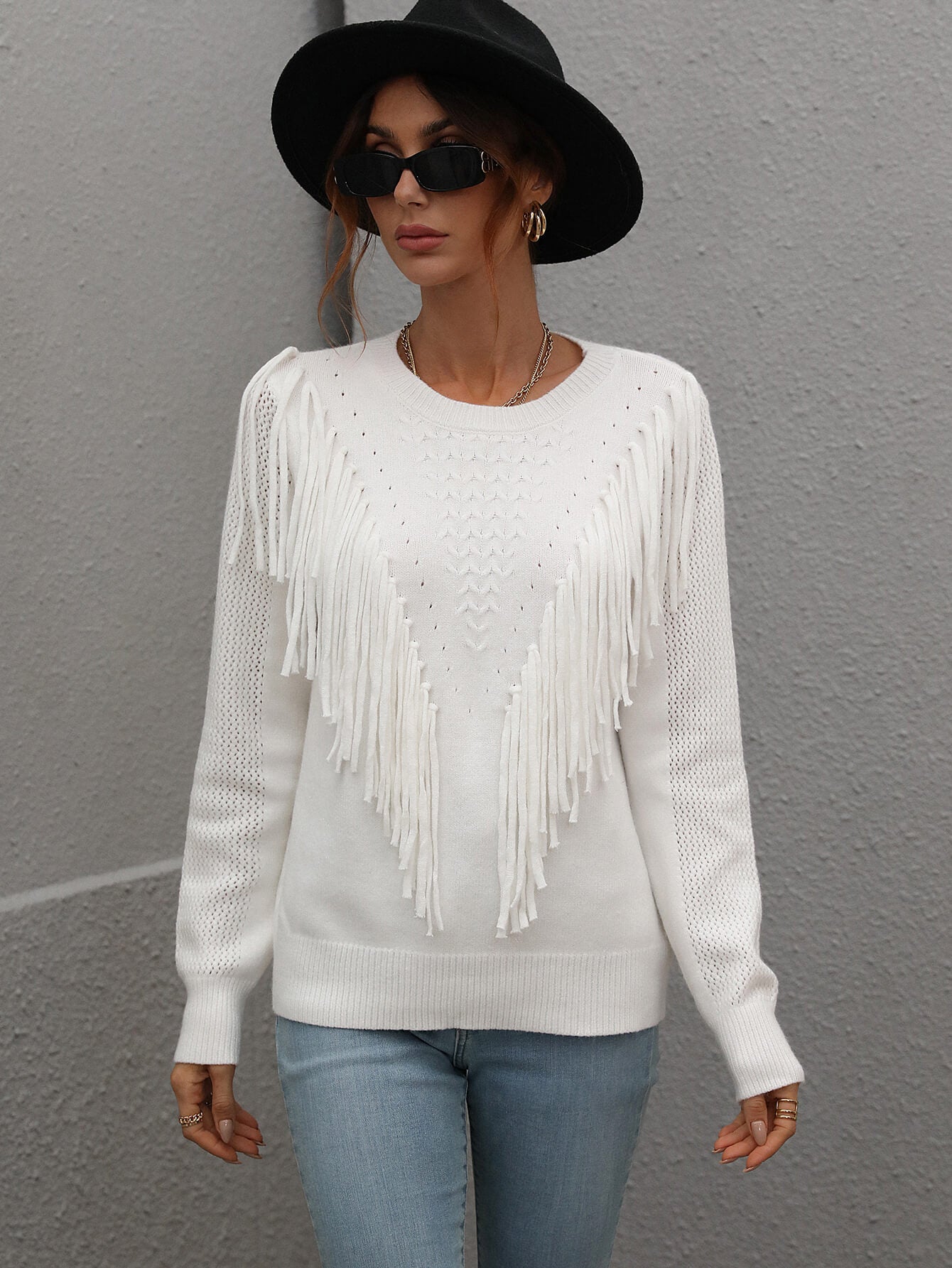 Casual Women's Fringe-Detailed Ribbed Trim Sweater for Regular Sizing
