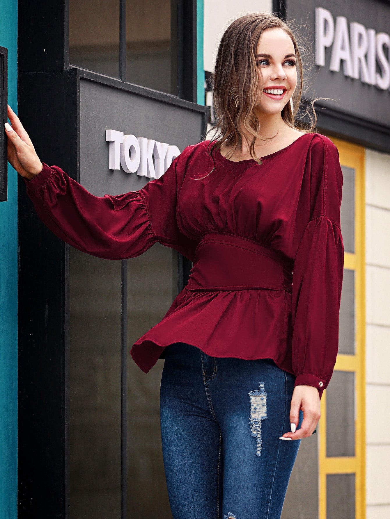 Long Sleeve Casual Round Neck Blouse with Exposed Seams and Dropped Shoulders