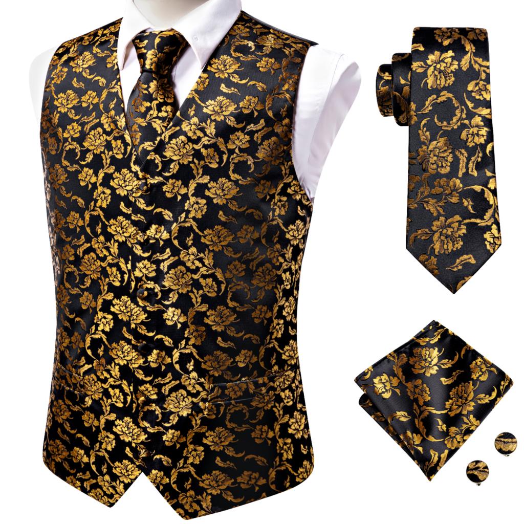 Hi-Tie Men's 4-Piece Luxury Silk Vest, Tie, Handkerchief & Cufflinks Set
