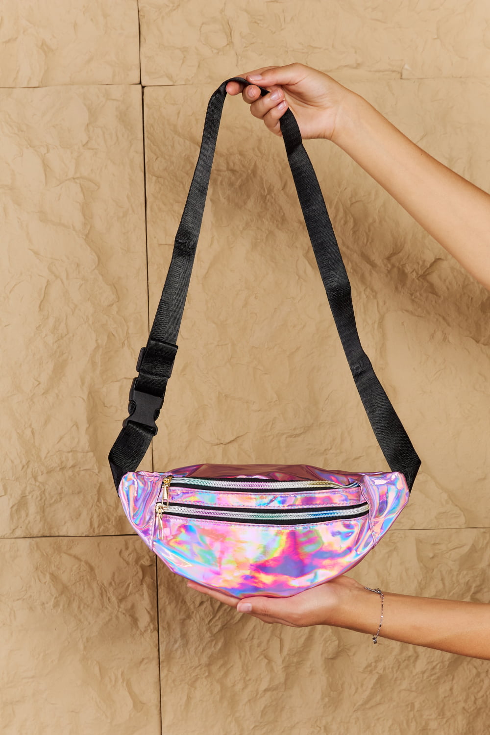 Hot Pink Holographic Double Zipper Trendy Fanny Pack by Fame