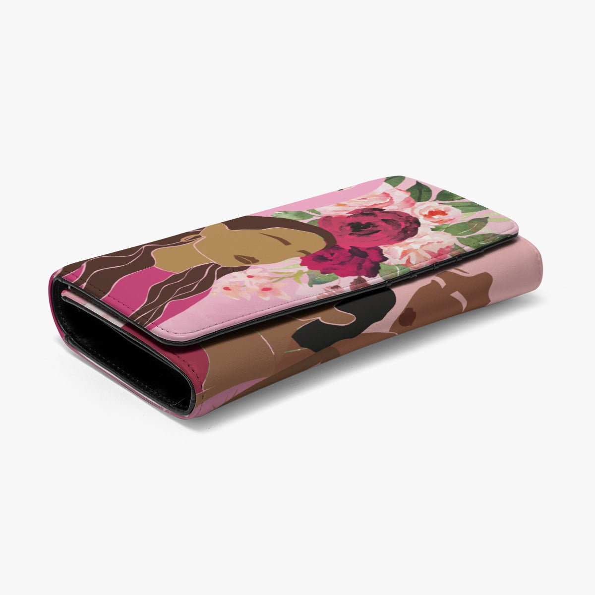 Foldable Women's Wallet with Unity, Hope, Pink, Hot Pink, Burgundy, Roses Design for Breast Cancer Awareness, Featuring Black, Hispanic, White Color Schemes and Smooth Hair Texture (Designed by Dunbi)
