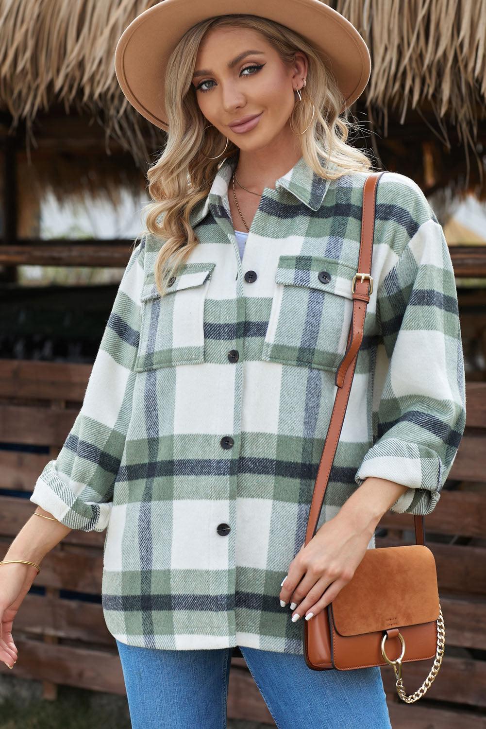 Casual Plaid Dropped Shoulder Pocket Buttoned Shacket for Everyday Wear