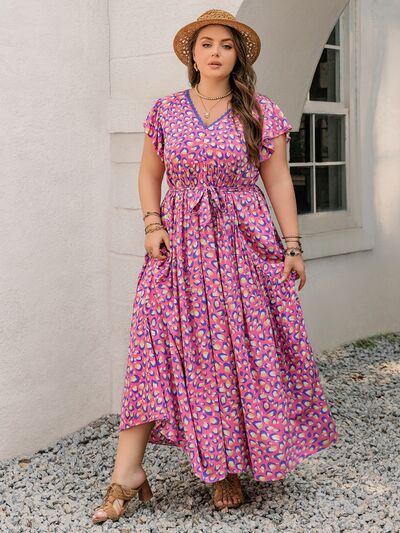 Plus Size Fashionable Printed V-Neck Flutter Sleeve Tie-Waist Floor-Length Maxi Dress for Women