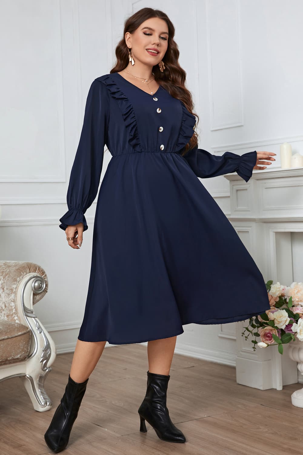 Plus Size Women's V-Neck Buttoned Flounce Sleeve Casual Midi Dress