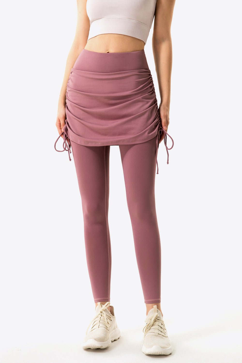 Soft and Breathable Drawstring Ruched Faux Layered Stretch Yoga Leggings