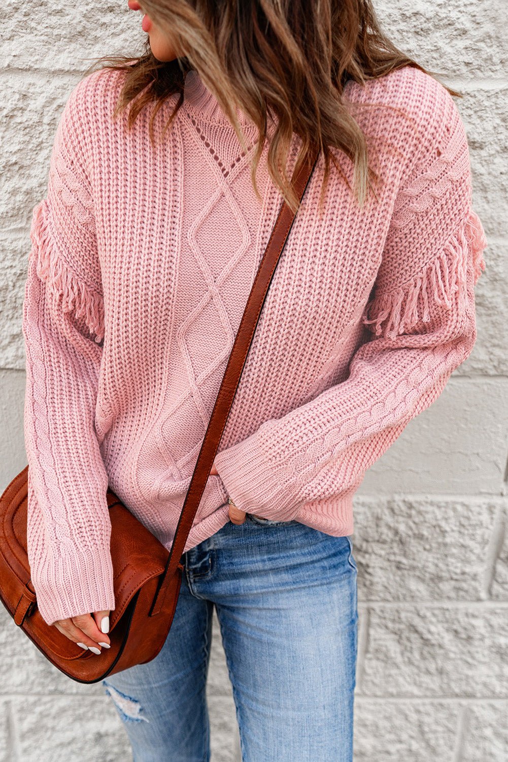 Fashionable Fringe - Trimmed Mixed Knit High - Collar Casual Sweater for Everyday Wear