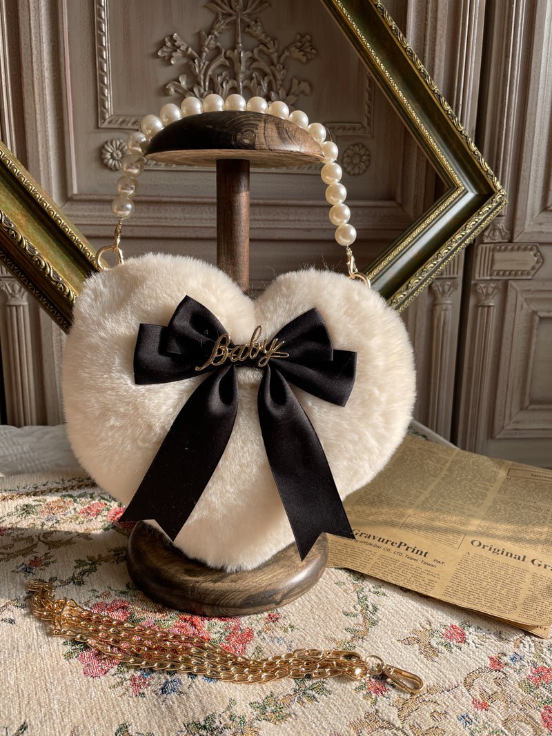 Adorable Lolita Heart-Shaped Pearl Chain Plush Tote Bag