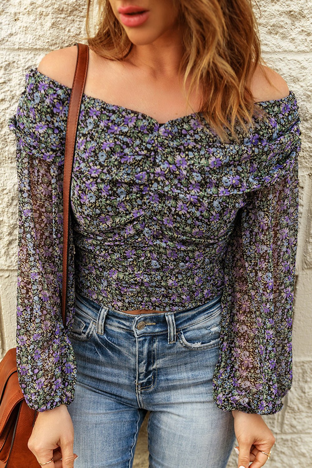 Fashionable Floral Print Off-Shoulder Ruched Long-Sleeved Women's Top