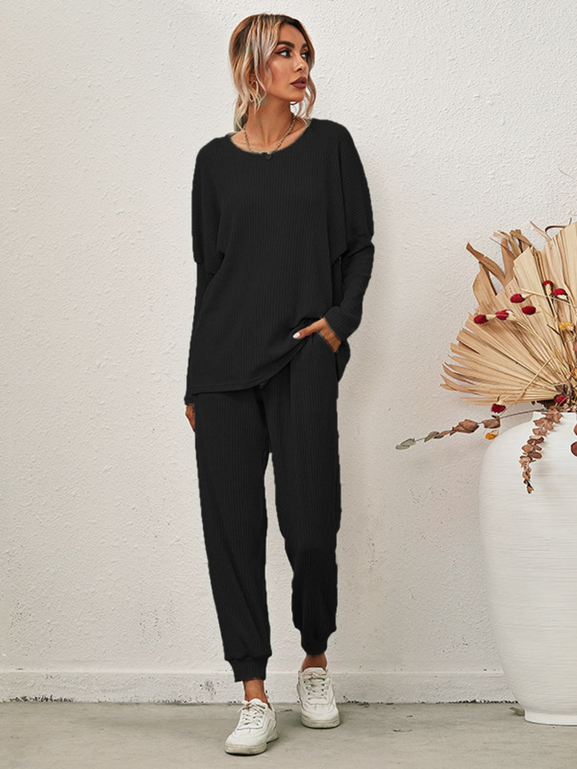 Full-Size Casual Round Neck Dropped Shoulder Top and Joggers Two-Piece Lounge Set