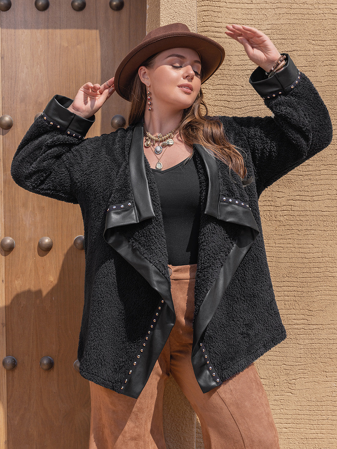Plus Size Fuzzy Studded Long Sleeve Urban Jacket