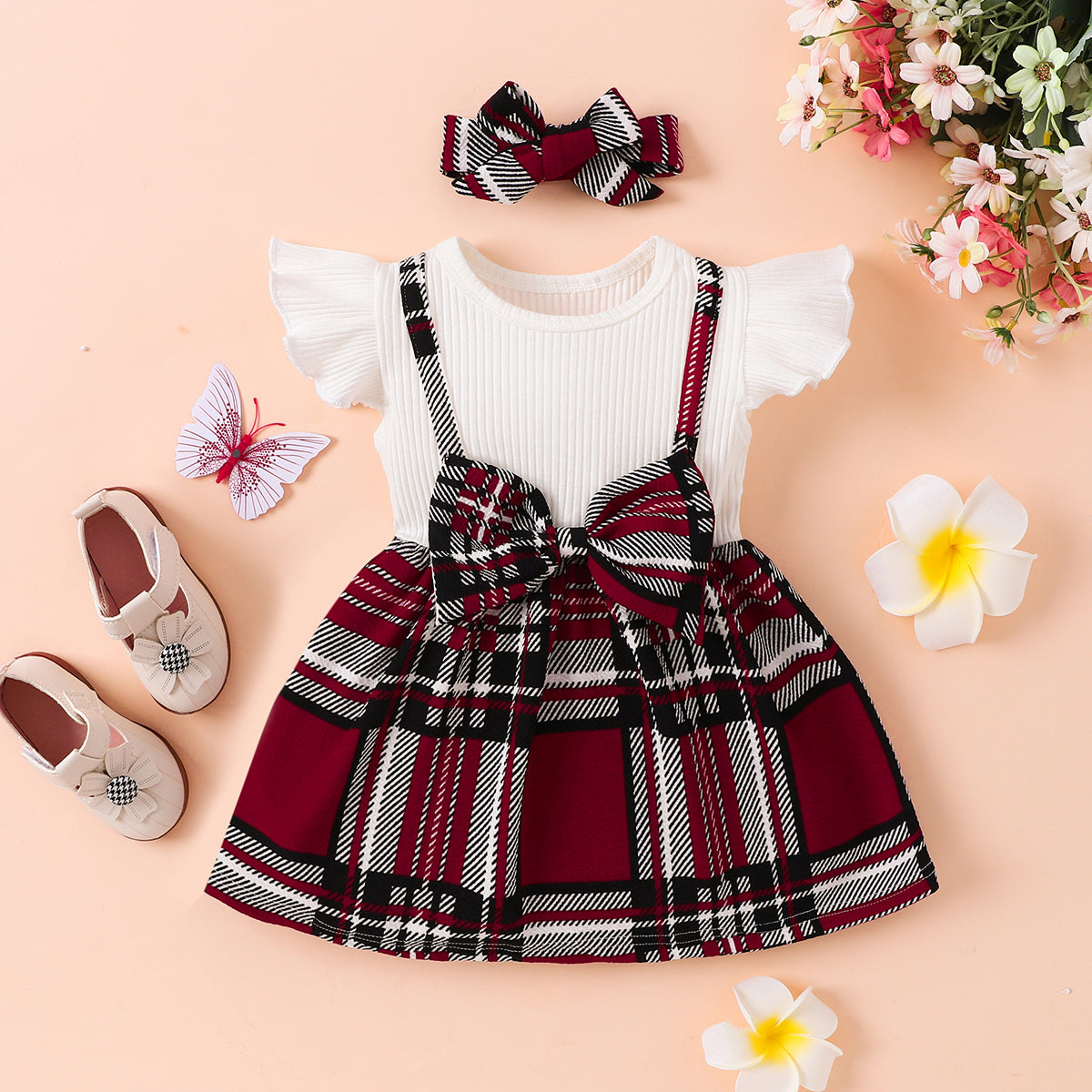 Casual Plaid Pattern Print Dress with Bow Detail for Infants and Toddlers