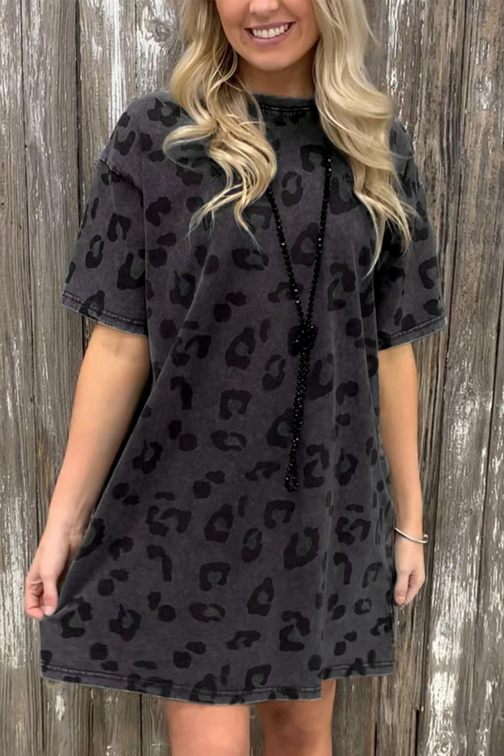 Vintage Gray Washed Leopard Print T-Shirt Dress with Handy Side Pockets
