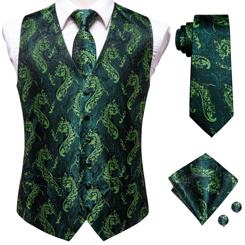 Hi-Tie Men's 4-Piece Luxury Silk Vest, Tie, Handkerchief & Cufflinks Set