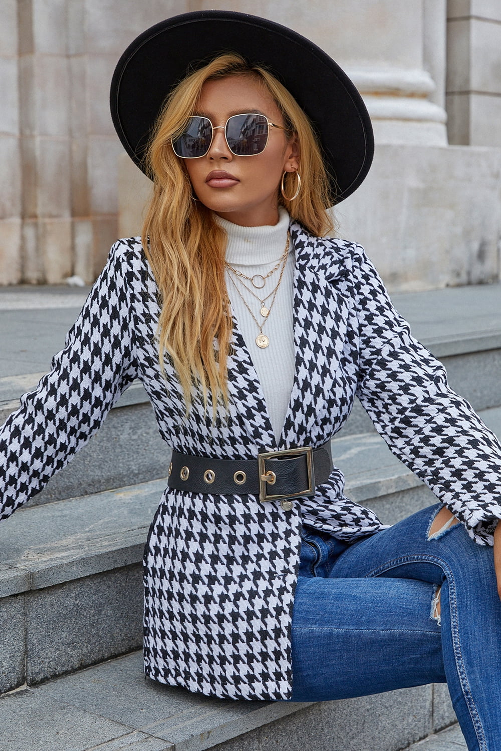 Stylish Houndstooth Patterned Lapel Collar Long Sleeve Men's/Women's Blazer for Formal and Casual Occasions