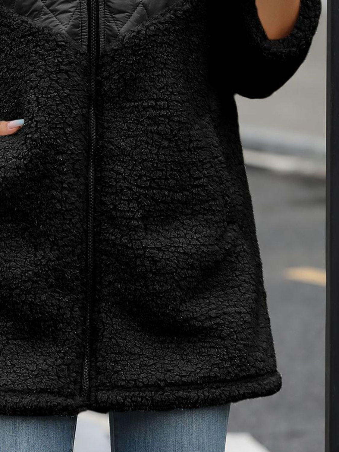 Soft Fuzzy Long Sleeve Zip - Up Hooded Polyester Jacket