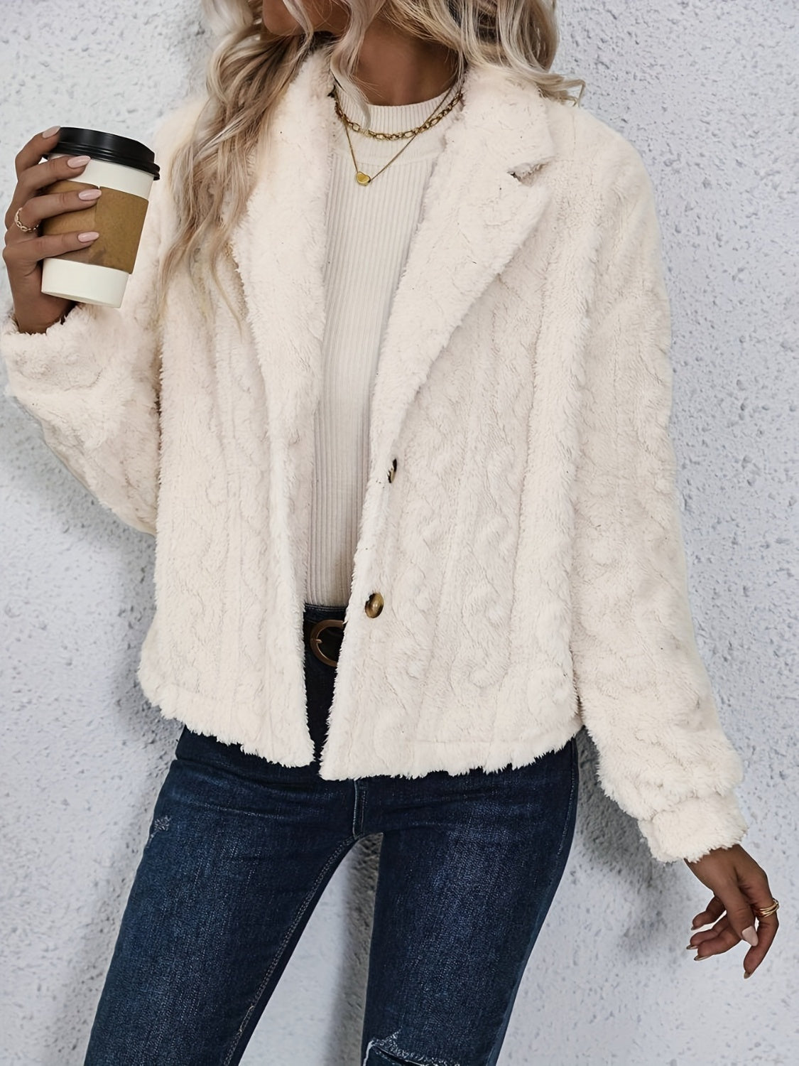 Fuzzy Buttoned Up - Collar Neck Winter Jacket for Casual Wear