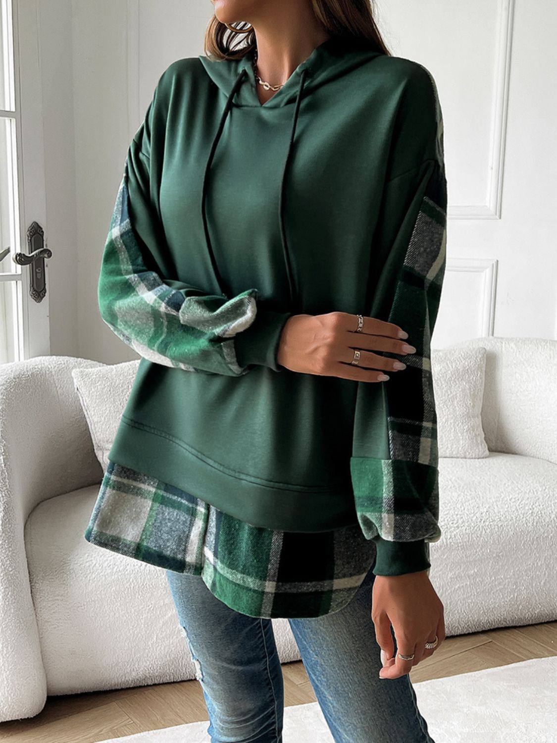 Divine Plaid Long Sleeve Drawstring Hoodie for Fashion Lovers