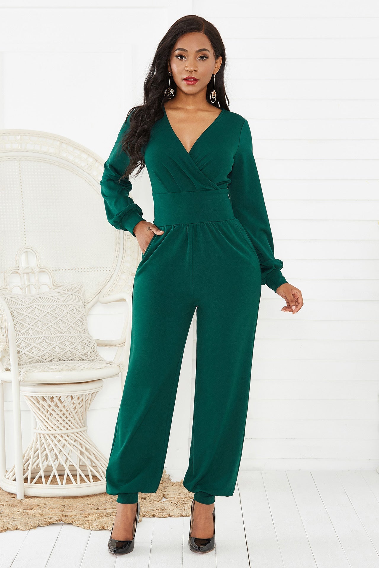 Fashionable Solid Pattern Gathered Detail Surplice Neck Lantern Sleeve Women's Jumpsuit