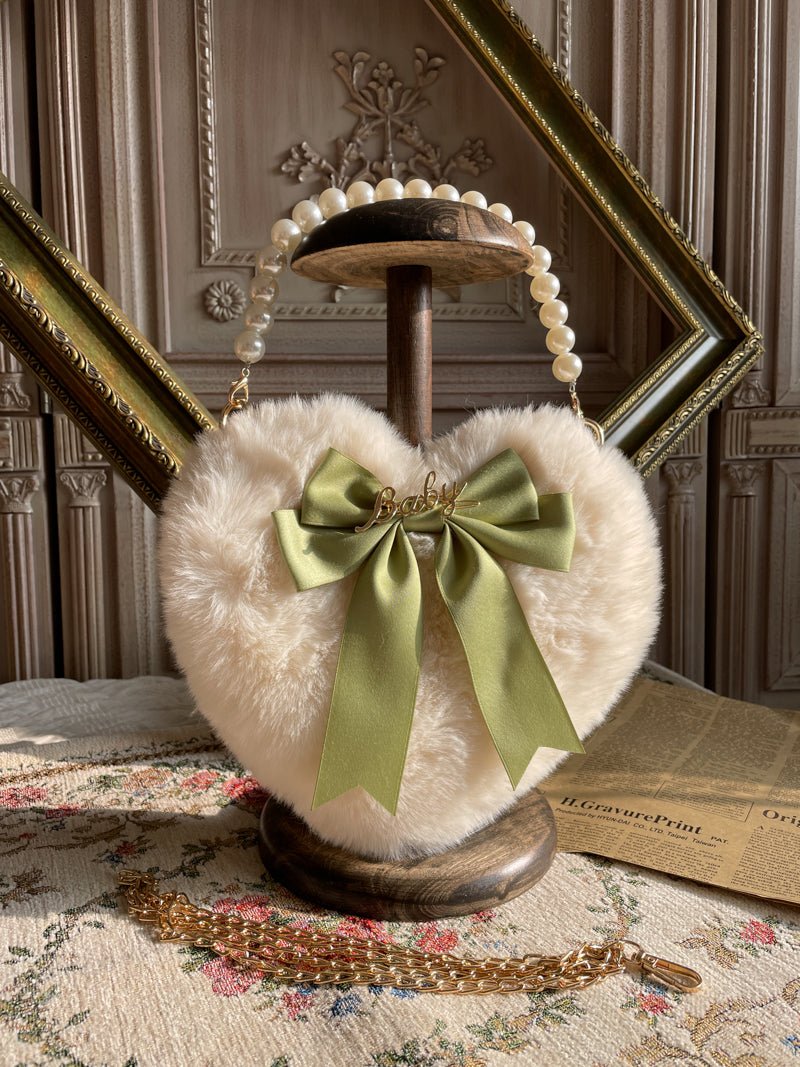 Adorable Lolita Heart-Shaped Pearl Chain Plush Tote Bag
