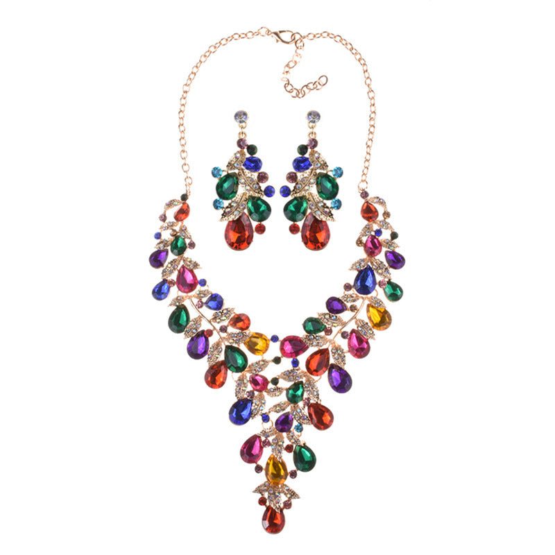 Stylish Glamorous Fashion Jewelry Set of Water Droplets Crystal Alloy Plating Earrings and Necklace