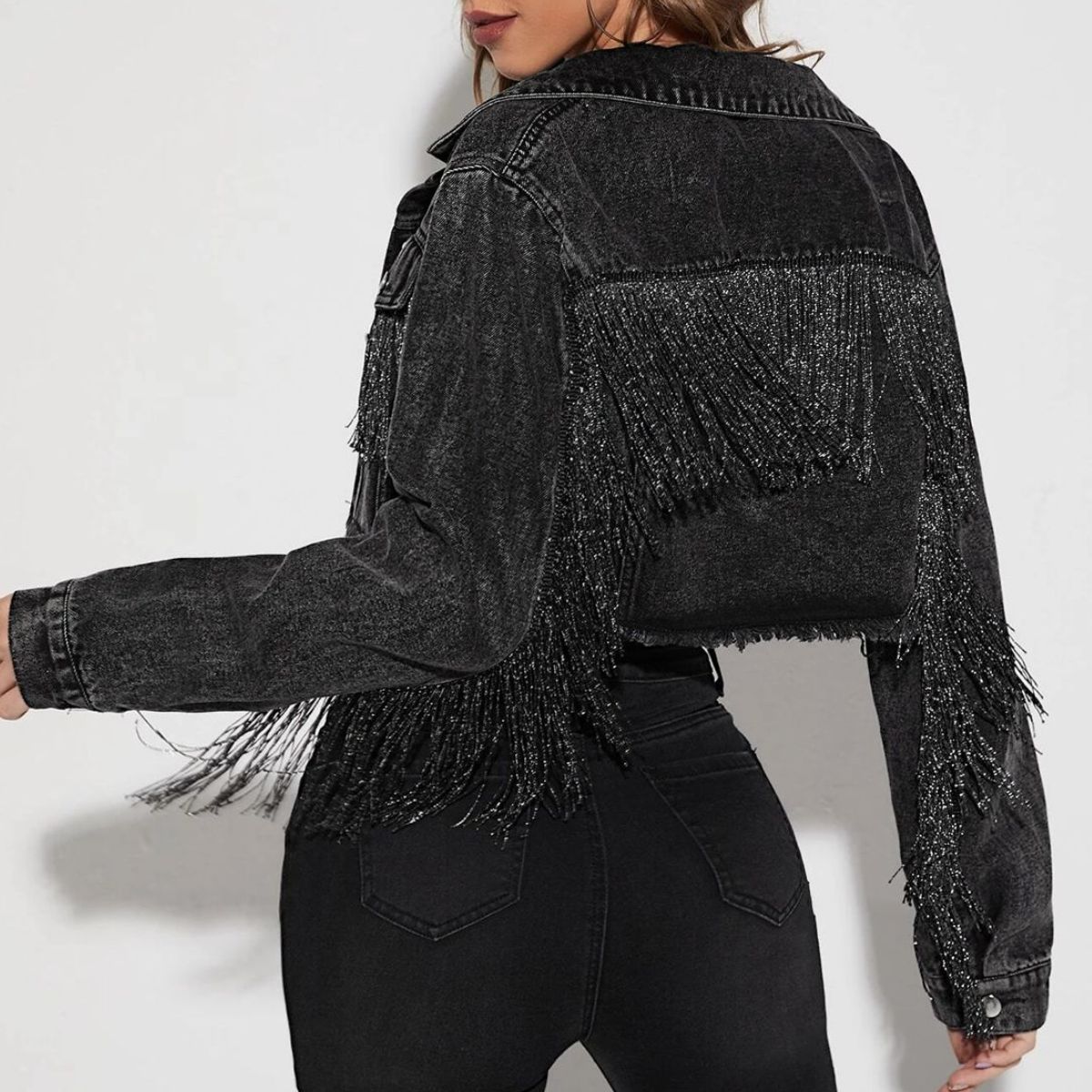 Stylish Cropped Long - Sleeve Denim Jacket with Fringe Details