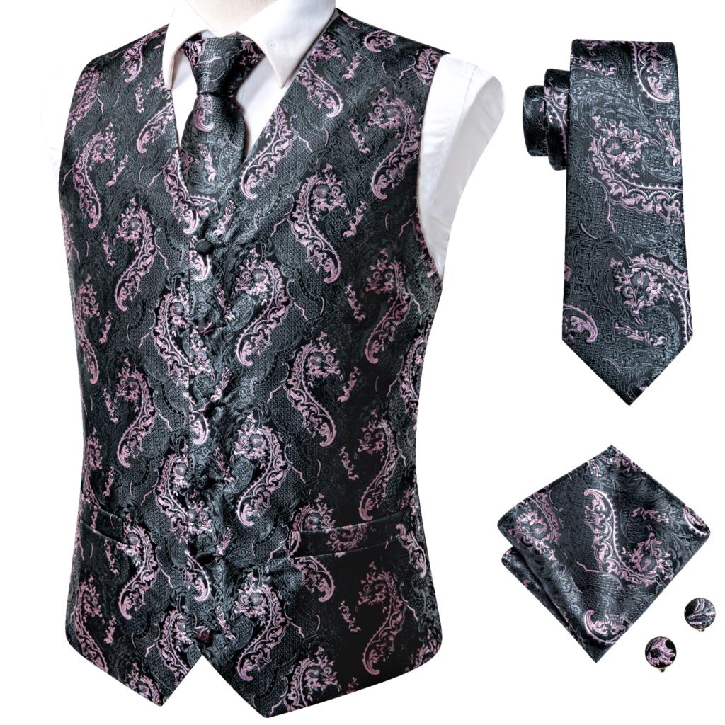 Hi-Tie Men's 4-Piece Luxury Silk Vest, Tie, Handkerchief & Cufflinks Set