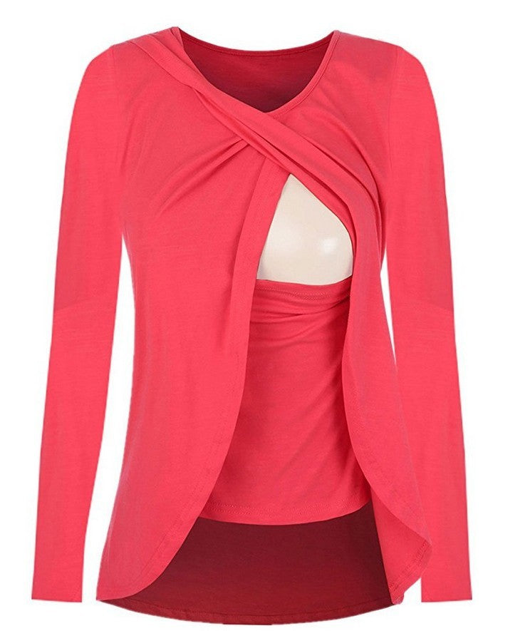 European Maternity Cotton Solid Color Round Neck Uncoverable Feeding Blouse for Pregnant Women - All-Match Leisure Shirt 8962