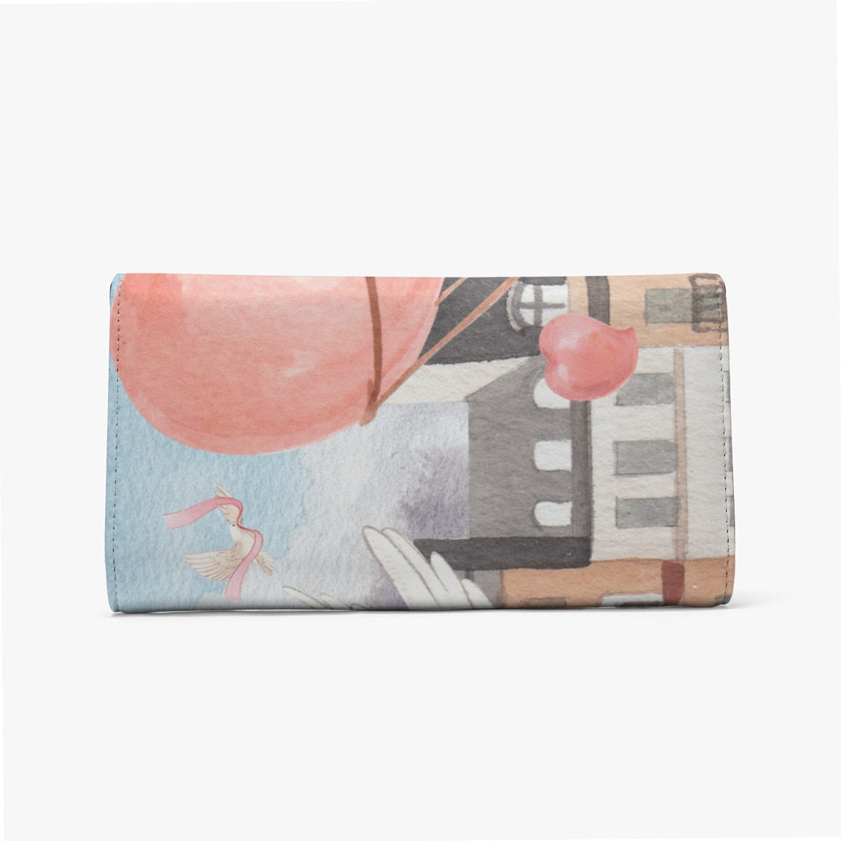 Dunbi Designed Foldable PU Wallet Featuring a Romantic Scene of Love in a Hot Air Balloon over Paris with Eiffel Tower, Dove, Flowers, Girl, Sky and Hearts