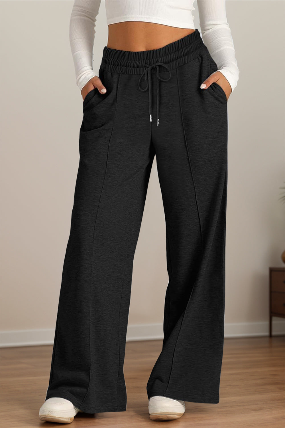 Fashionable Drawstring Elastic Waist Wide Leg Polyester Pants for Comfortable Wear