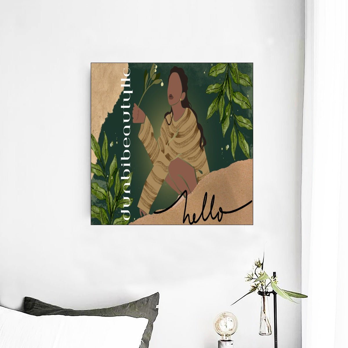 Decorative Framed Single Piece Wall Mural Featuring a Square Portrait of a Black Woman with Flowers Embodying Green, Grace, and Beauty (Designed by Dunbi)