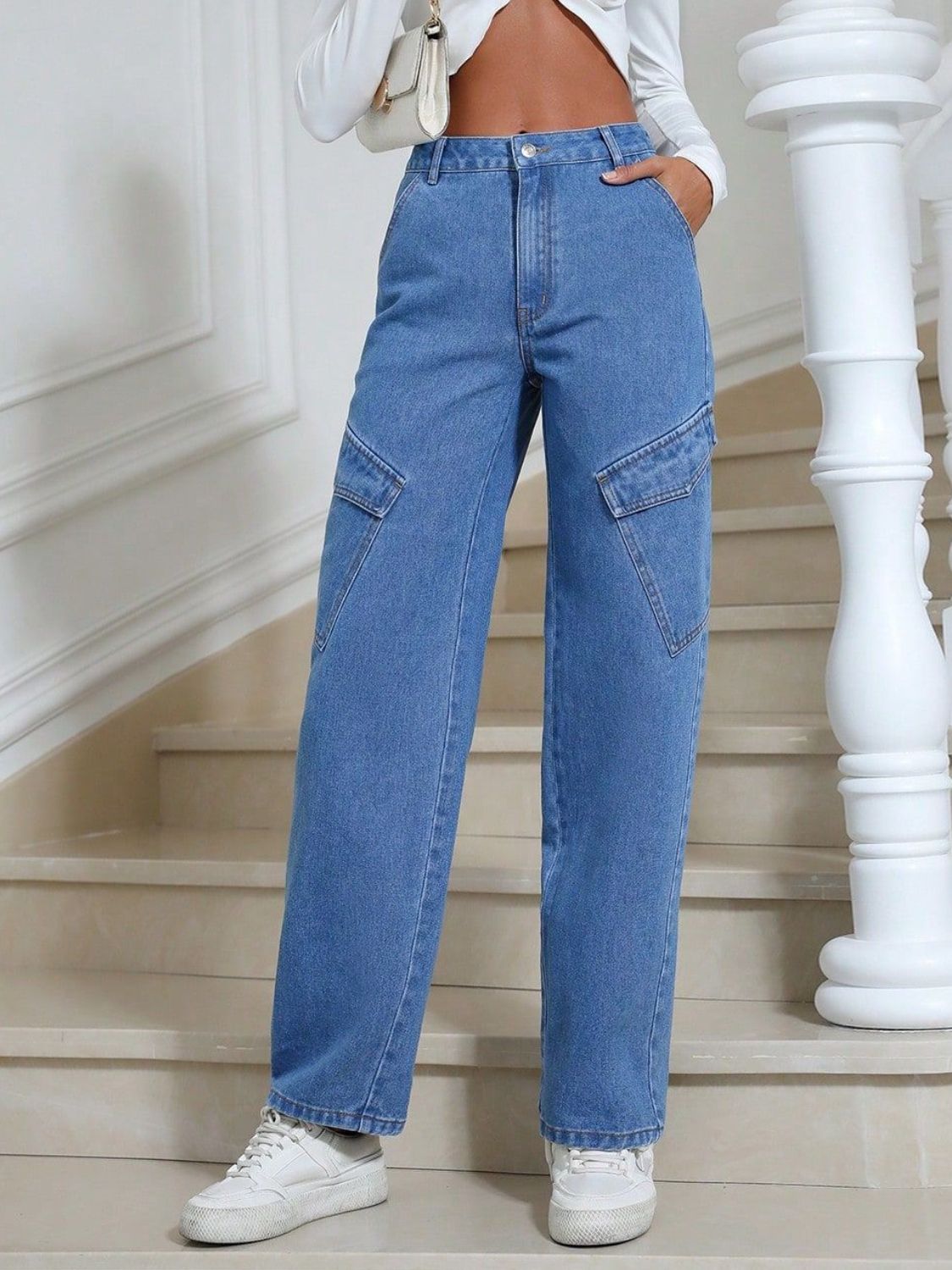 Women's High Waist Straight Leg Denim Jeans with Functional Pockets