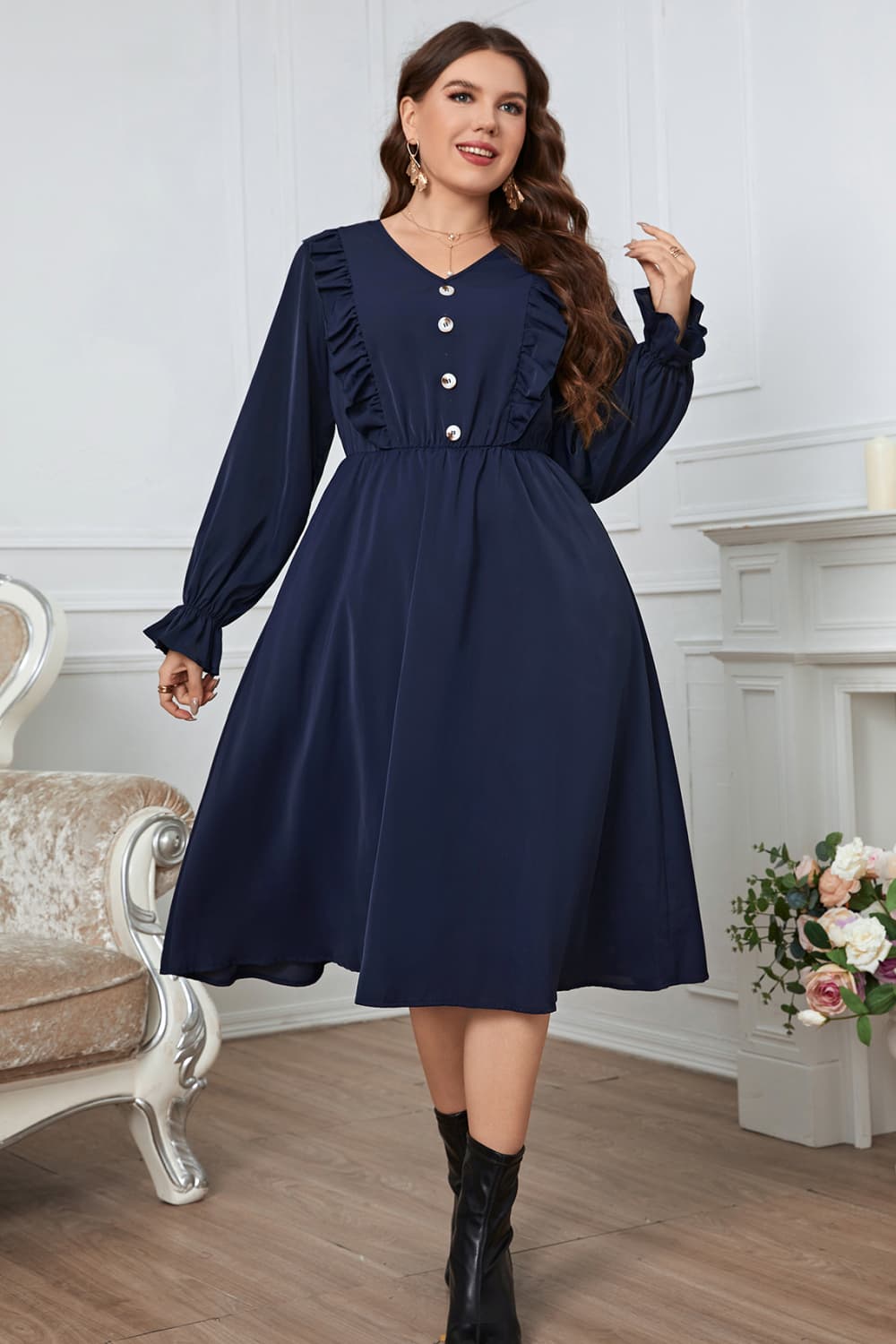 Plus Size Women's V-Neck Buttoned Flounce Sleeve Casual Midi Dress