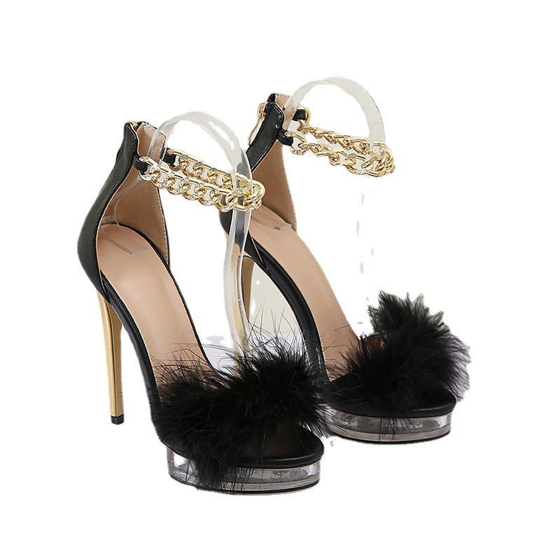 Stylish Furry High - Heels Adorned with Rhinestone Chains