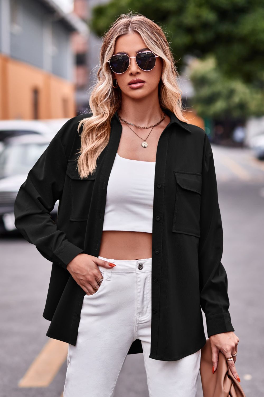 Casual Longline Dropped Shoulder Shirt with Functional Pockets