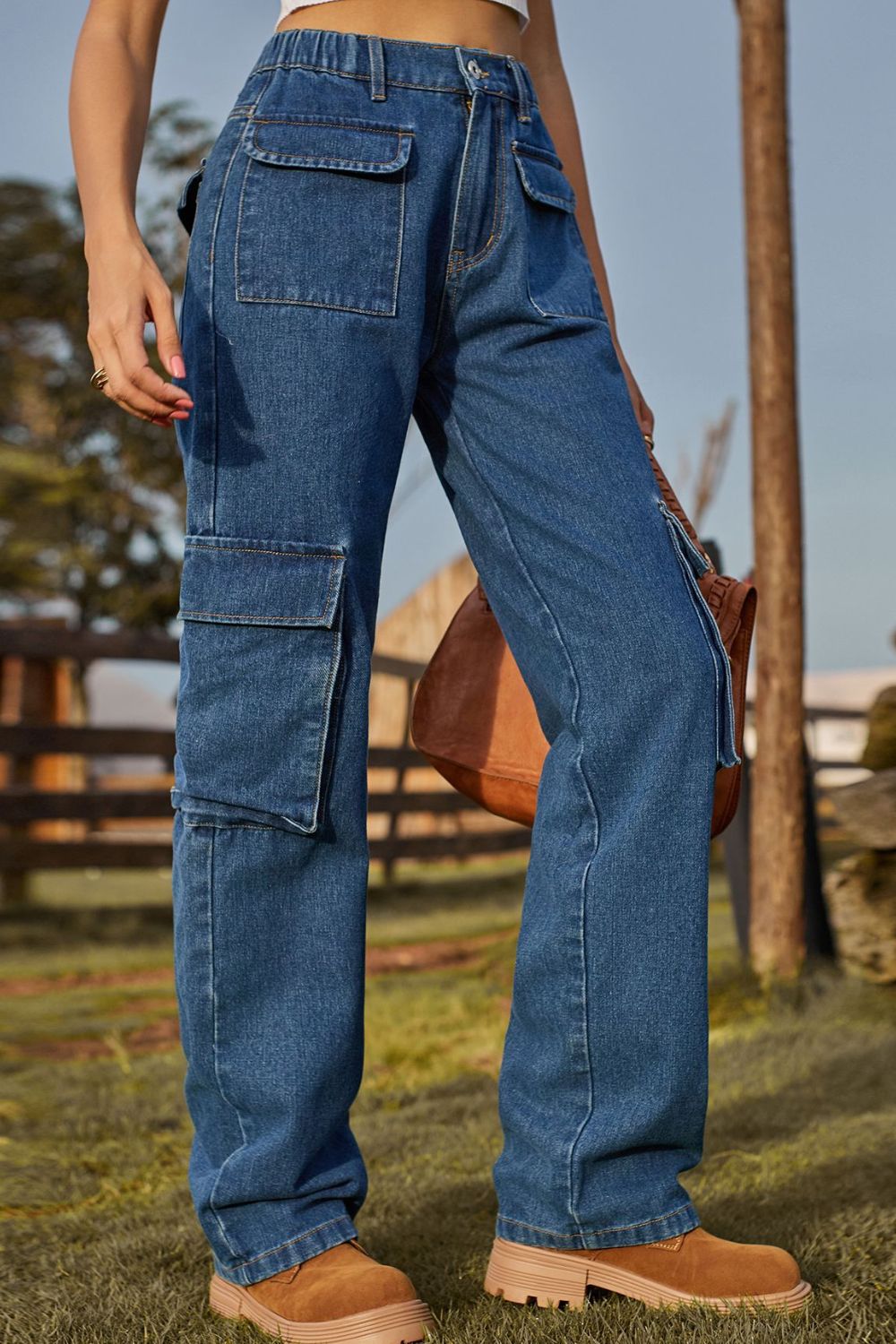 Casual Long Loose-Fit Jeans with Functional Pockets