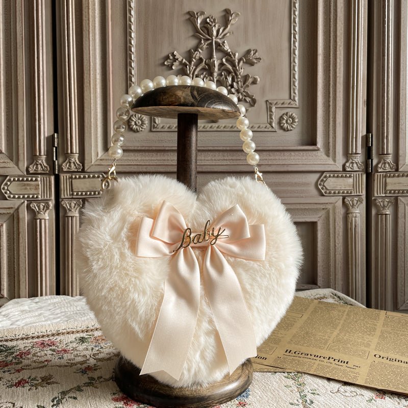 Adorable Lolita Heart-Shaped Pearl Chain Plush Tote Bag