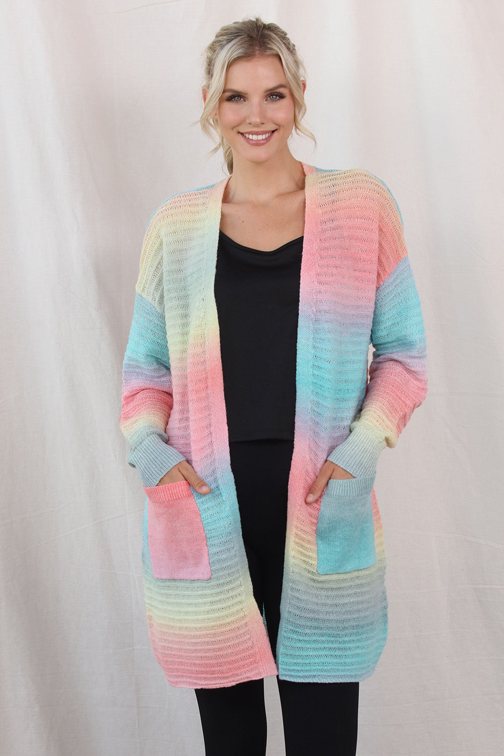 Fashionable Multicolored Gradient Dropped Shoulder Longline Knitted Cardigan for Casual Wear
