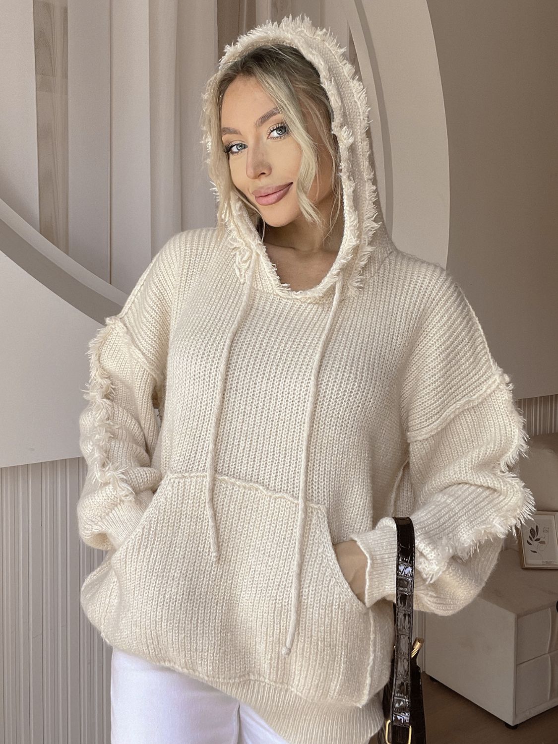 Long Sleeve Drawstring Hooded Sweater with Fringe Hem for Fashion Lovers