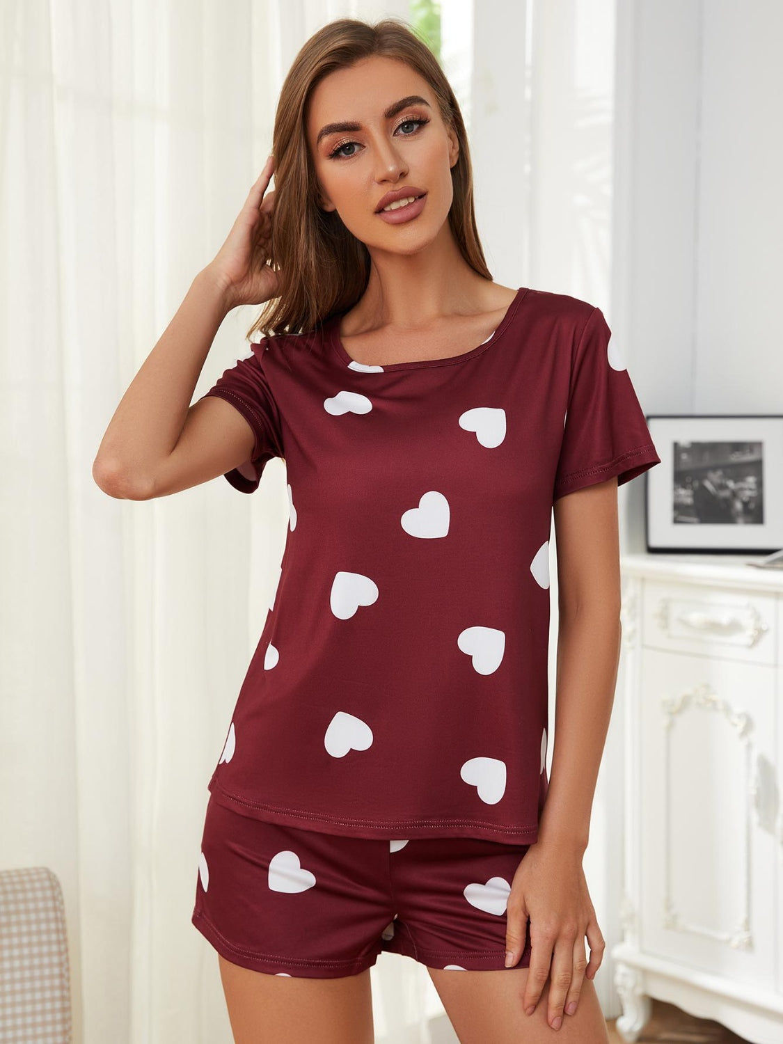 Comfy Heart - Shaped Round Neck Top and Shorts Lounge Set